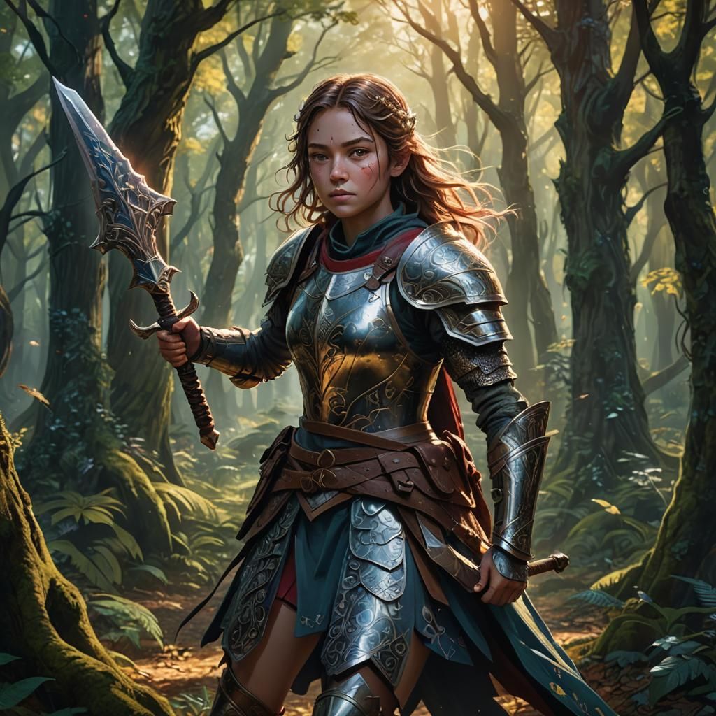 Young Fantasy Warrior in Lush Mystical Forest