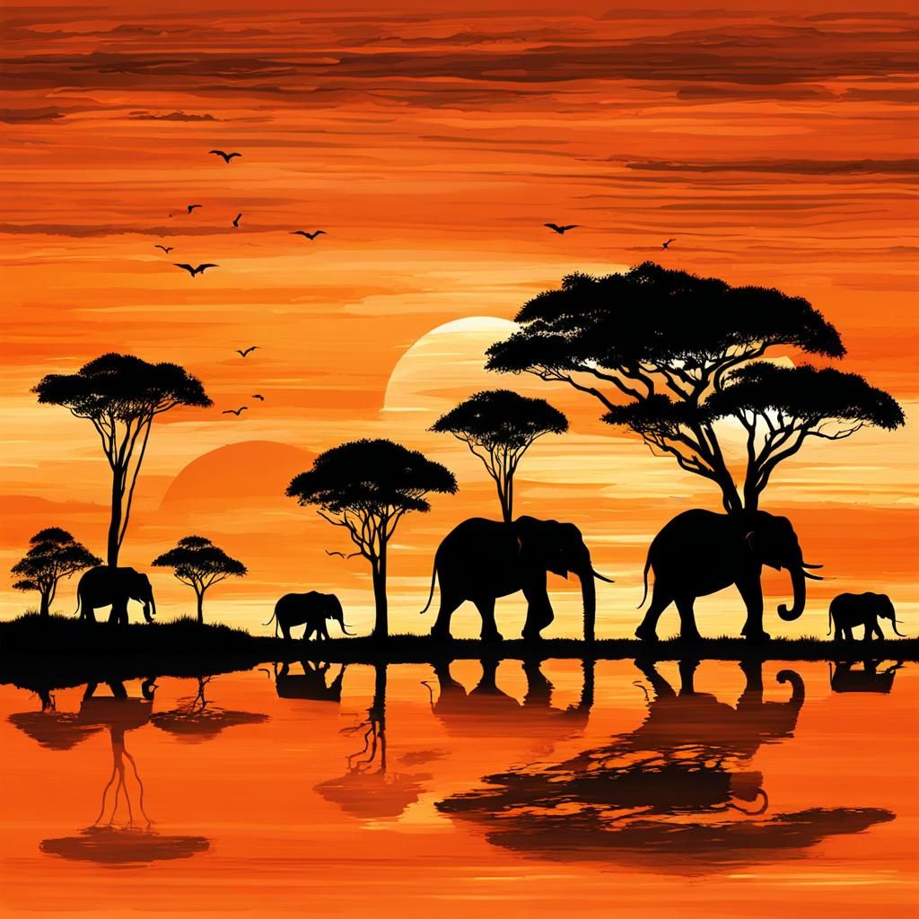 Surreal Elephant Family Silhouette in Vibrant Sunset