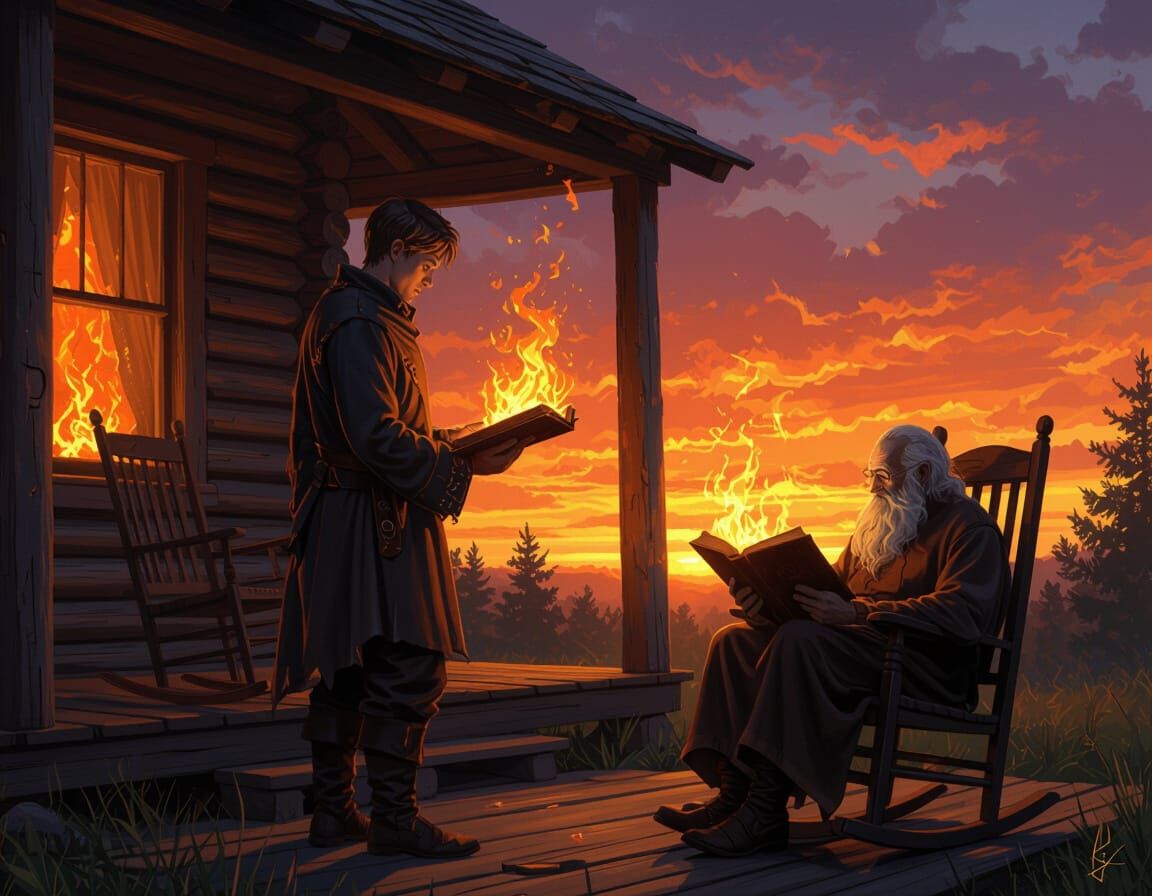 Elemental Power Unleashed by Young Man in Fiery Sunset