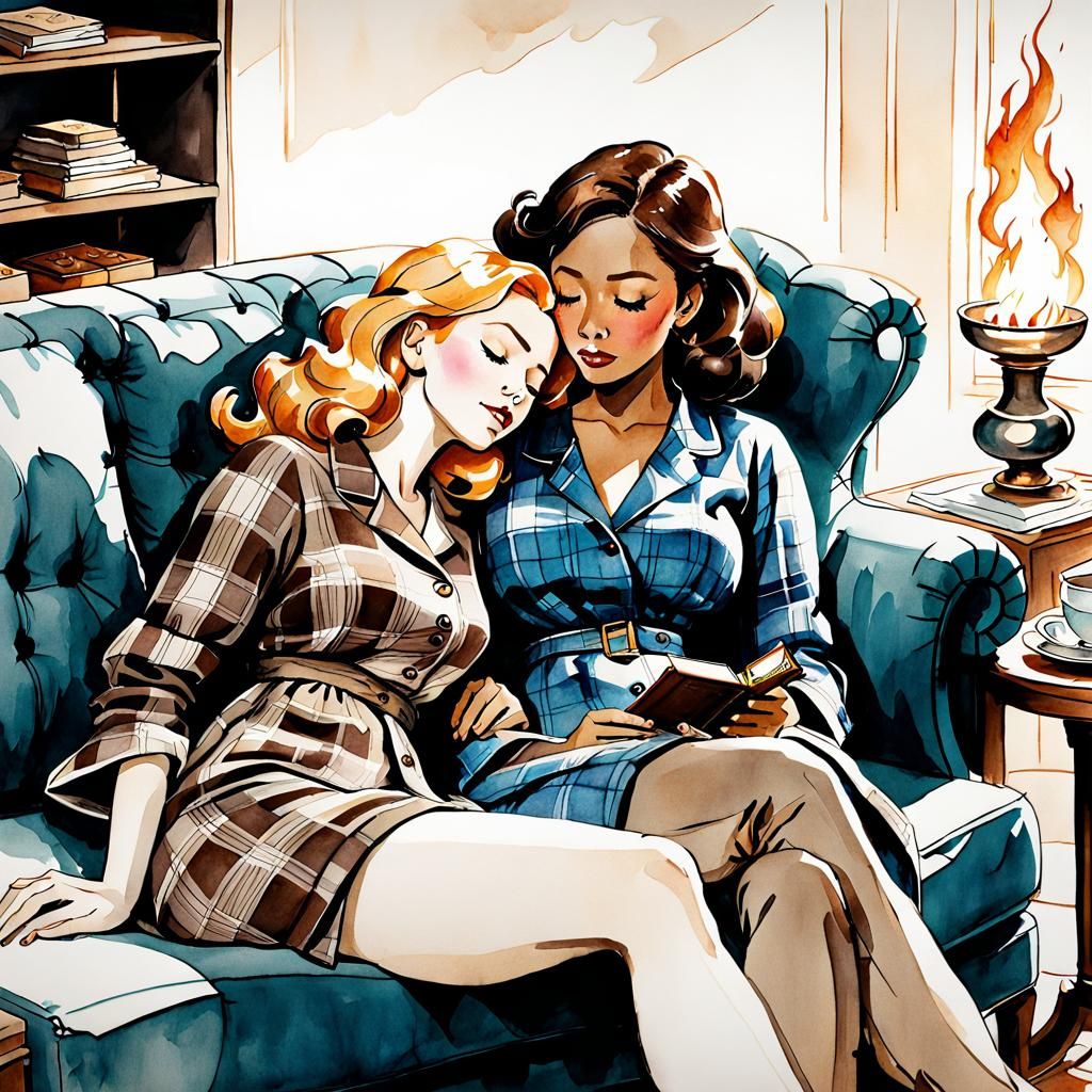 Charming Cozy Night with Strawberry Blond and Darkhaired Lov...