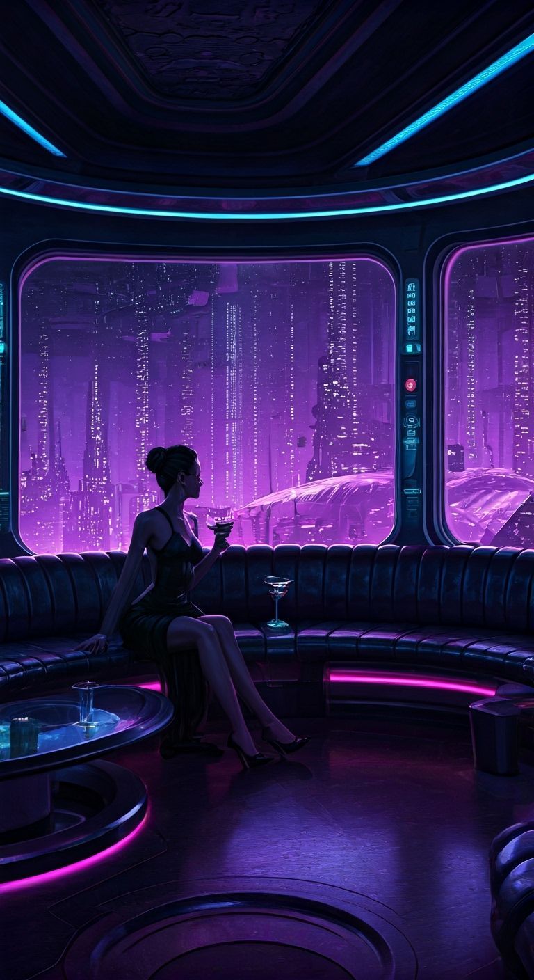 Galactic Lounge Overlooking a Cyberpunk City