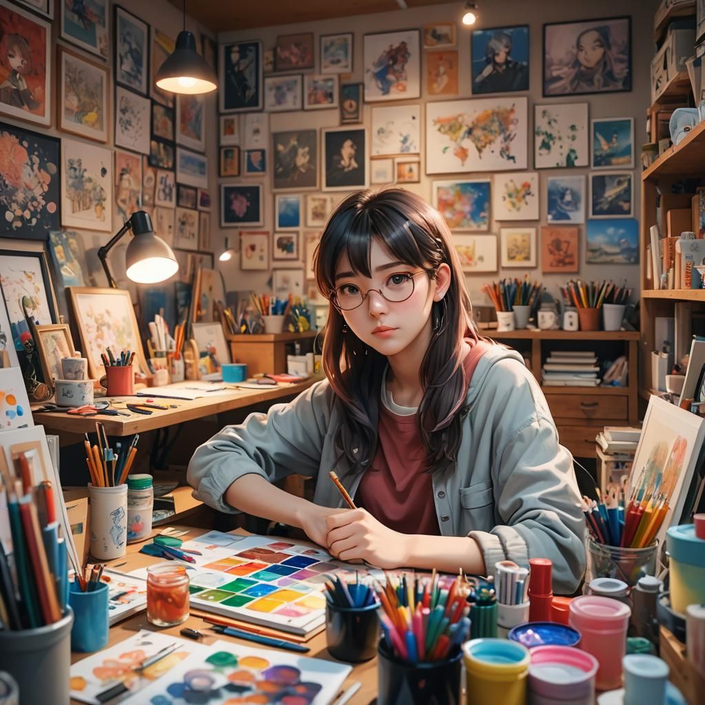 Hyper-Realistic Anime Artist in a Cozy Studio