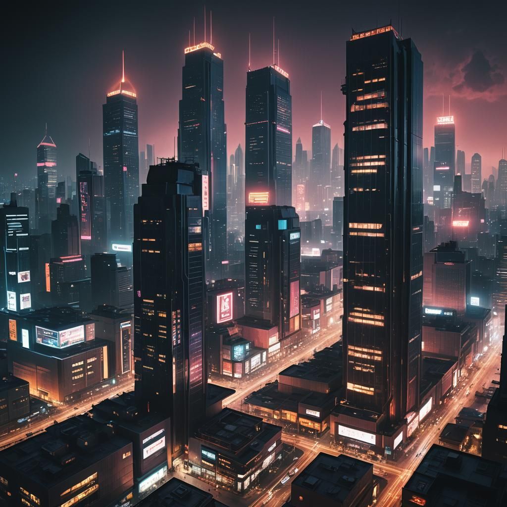 Luxurious Office Spire in Dystopian Neo-Tokyo