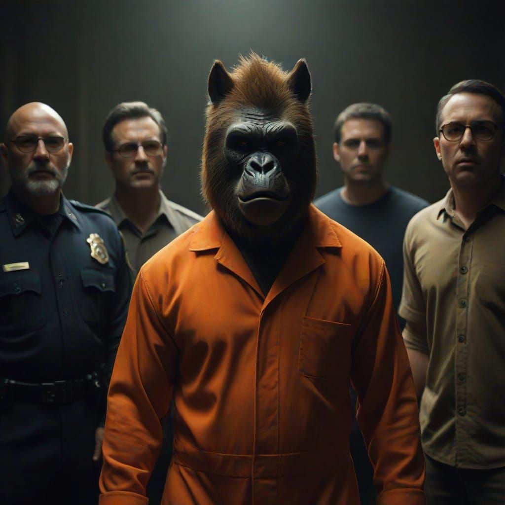 Mugshot Scene with a Menacing Gorilla, Bespectacled Unicorn,...