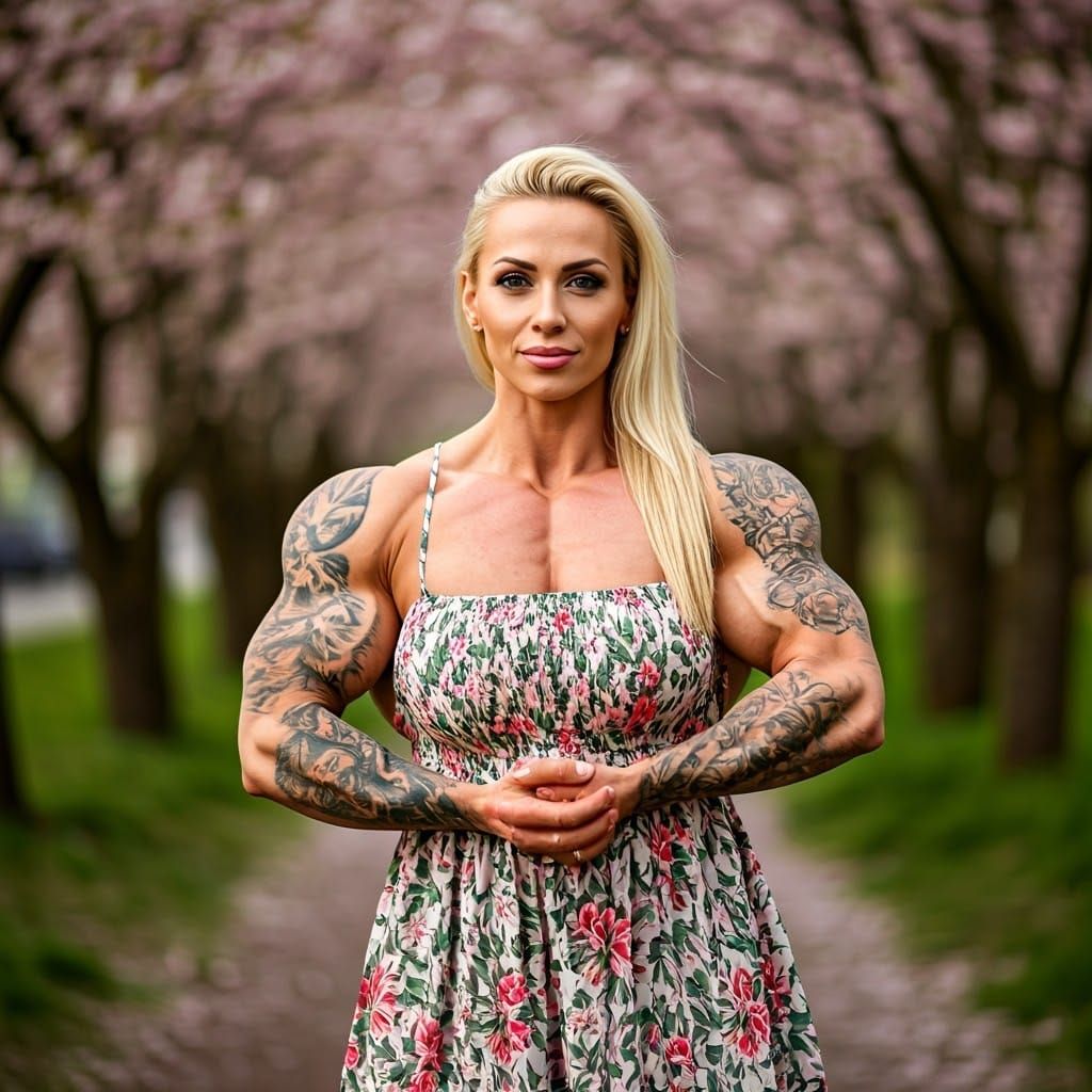 Strong Woman with Cherry Blossoms in a Summer Dress