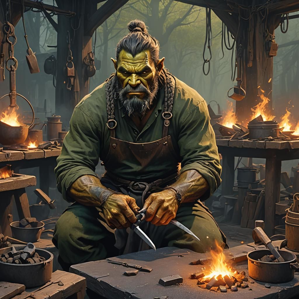 Orc Blacksmith in Warm Golden Light, Fantasy Concept Art