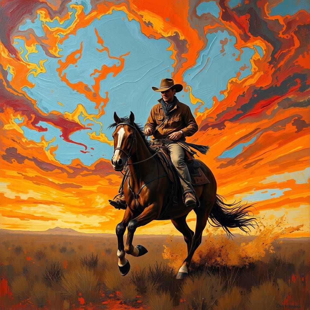 Cowboy Rides into the Sunset: Expressionist Oil Painting