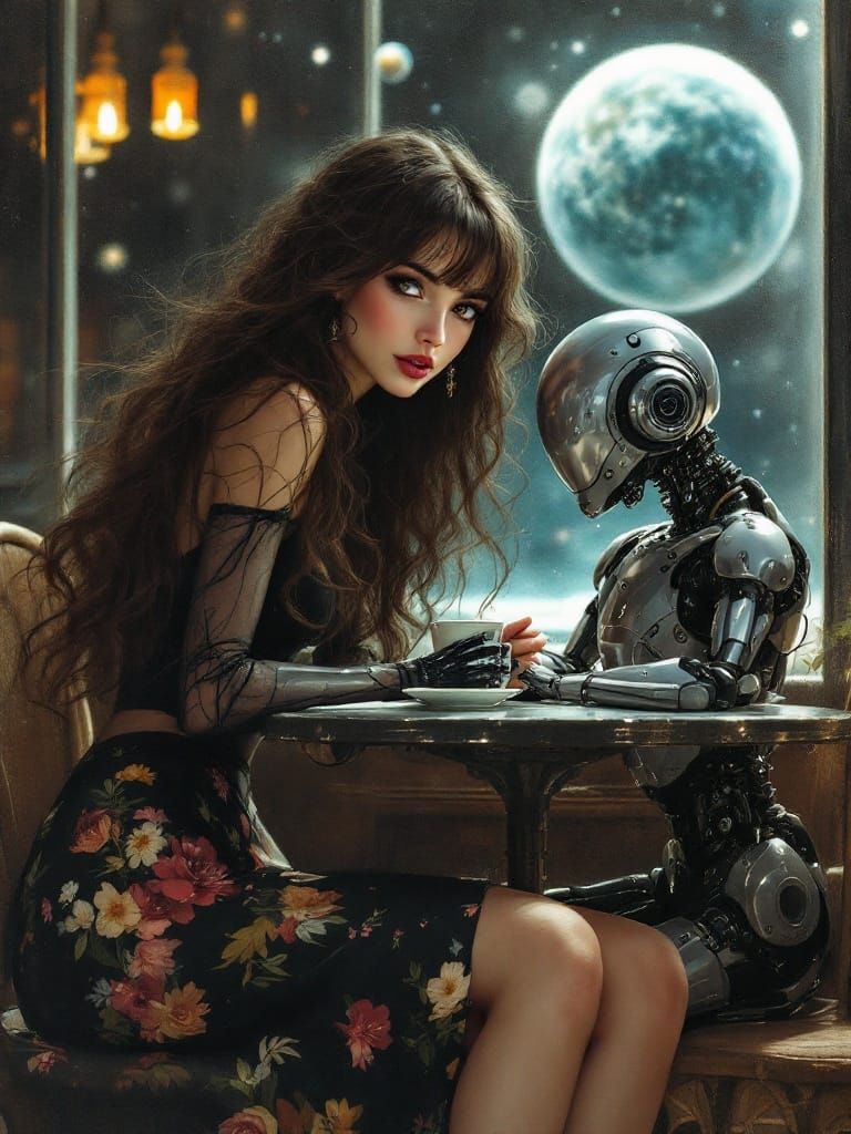 Futuristic Woman Sips Tea with Robot Friend in Cosmic Cafe