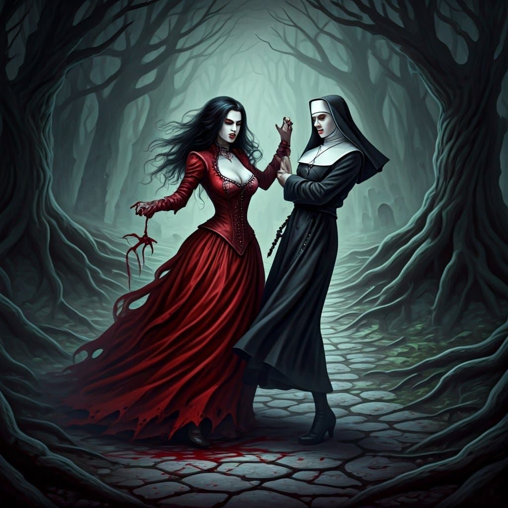 Gothic Vampire Battles Nun in Dark, Haunting Graveyard Scene