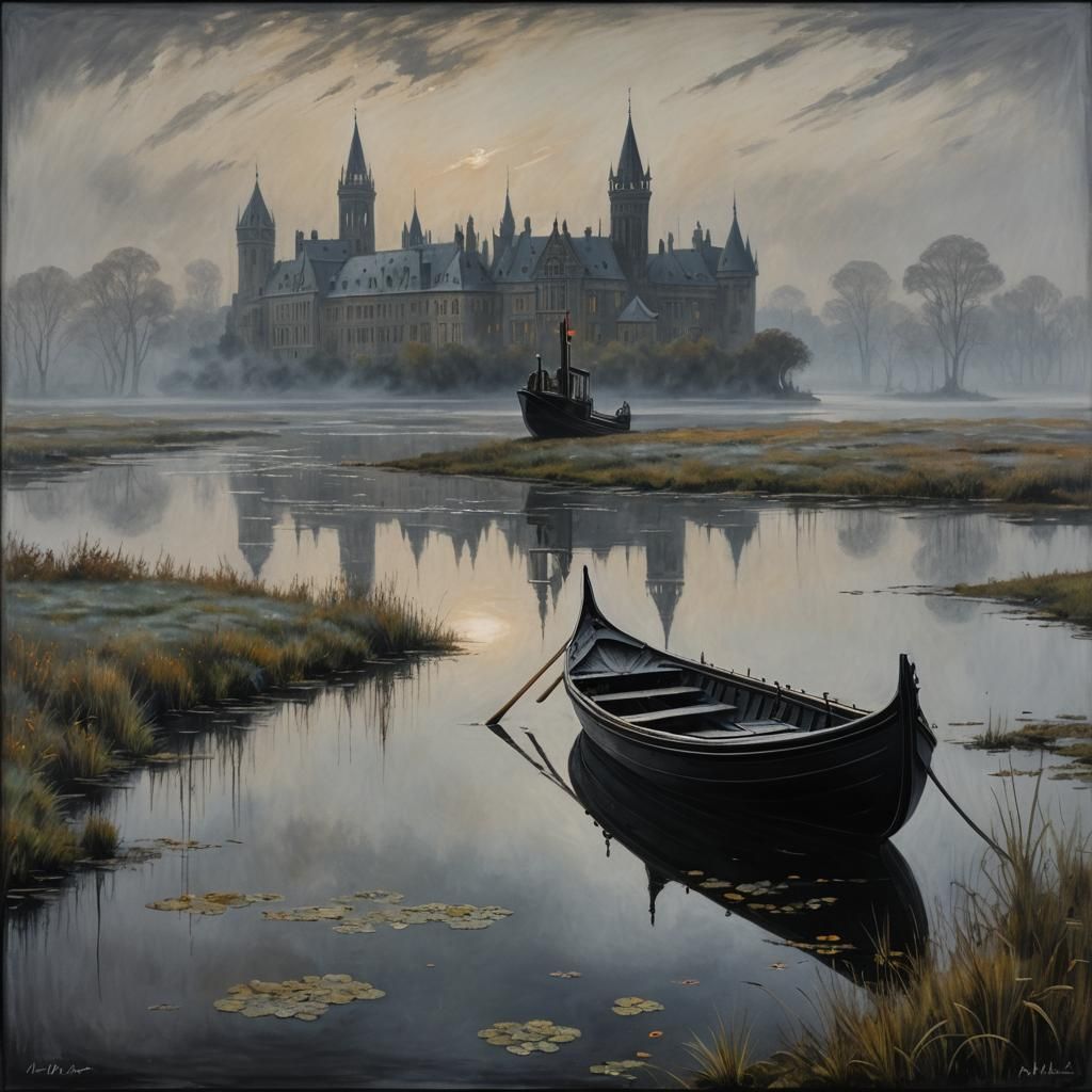 Sleek Chalk and Alabaster Gondola on a Foggy Moor with Jugen...