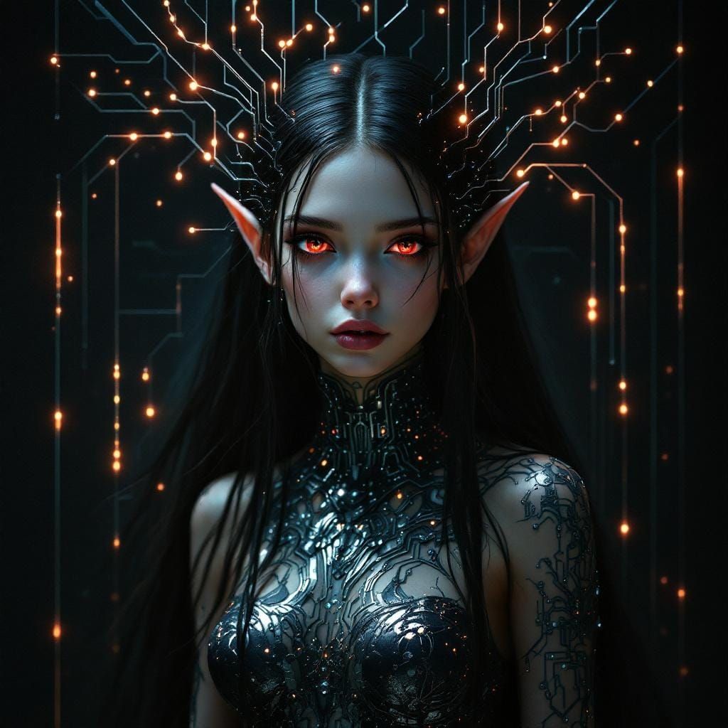 Elf Maiden in Circuit Dress: Sci-Fi Oil Realism