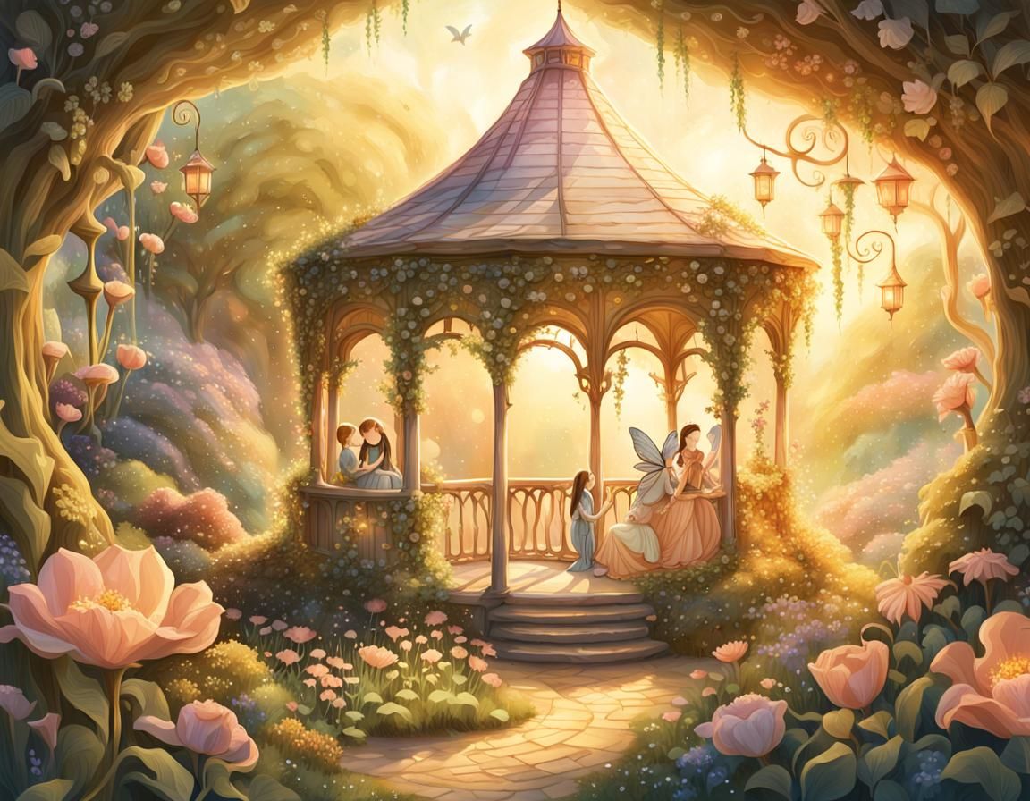 Whimsical Gazebo Scene with Fantastical Creatures