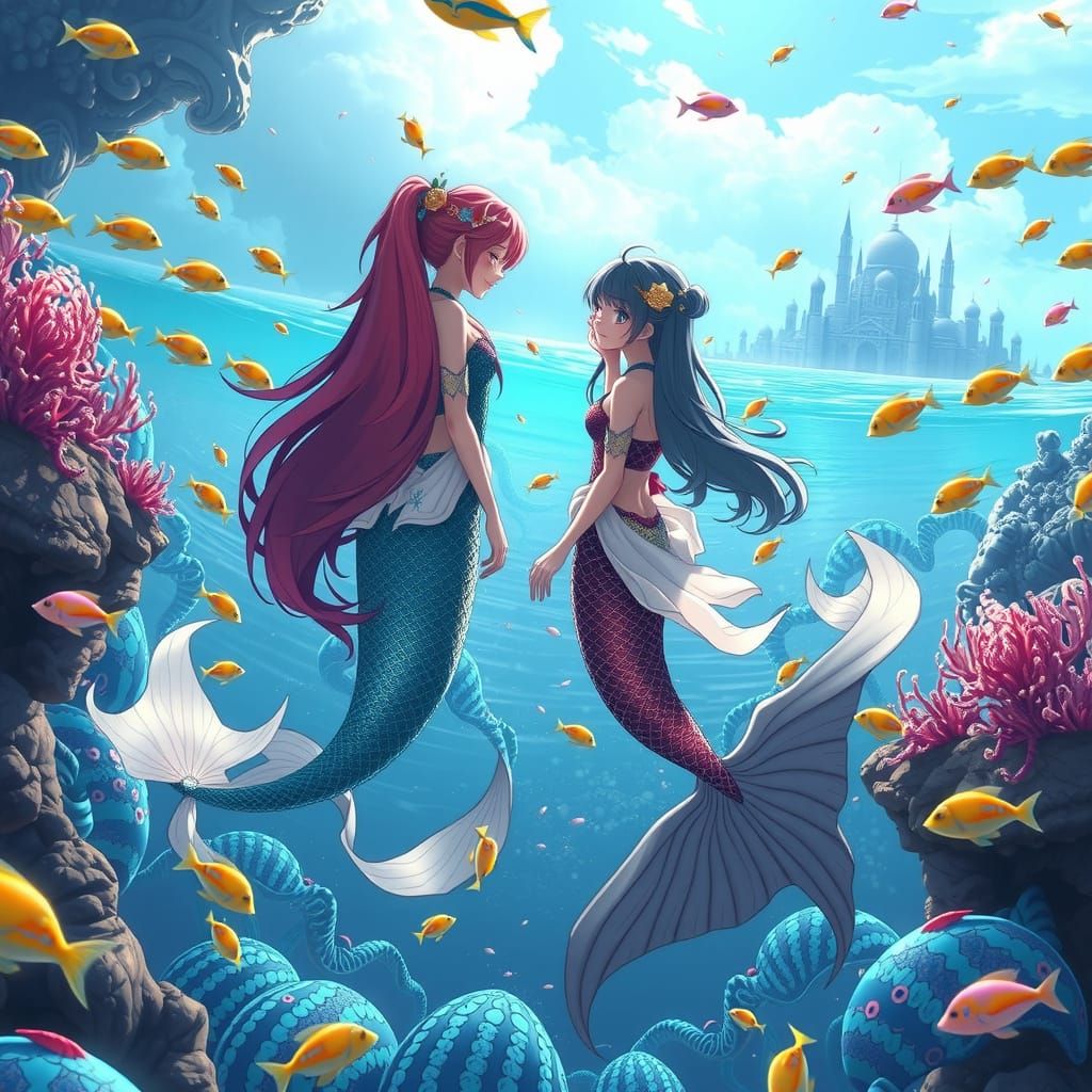 Elegant Mermaids Play Near Atlantis: 3D Anime Art
