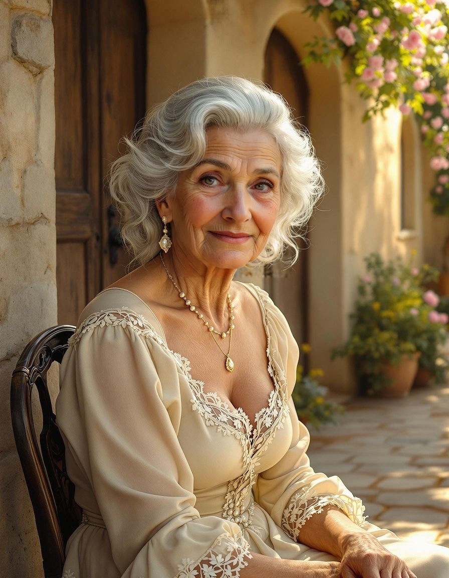 Elegant Elderly Woman in Rustic European Village
