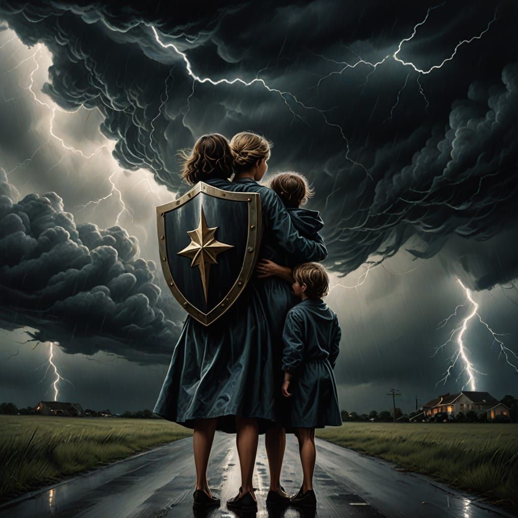 Mother Shielding Children from Storm in Surreal Oil Painting