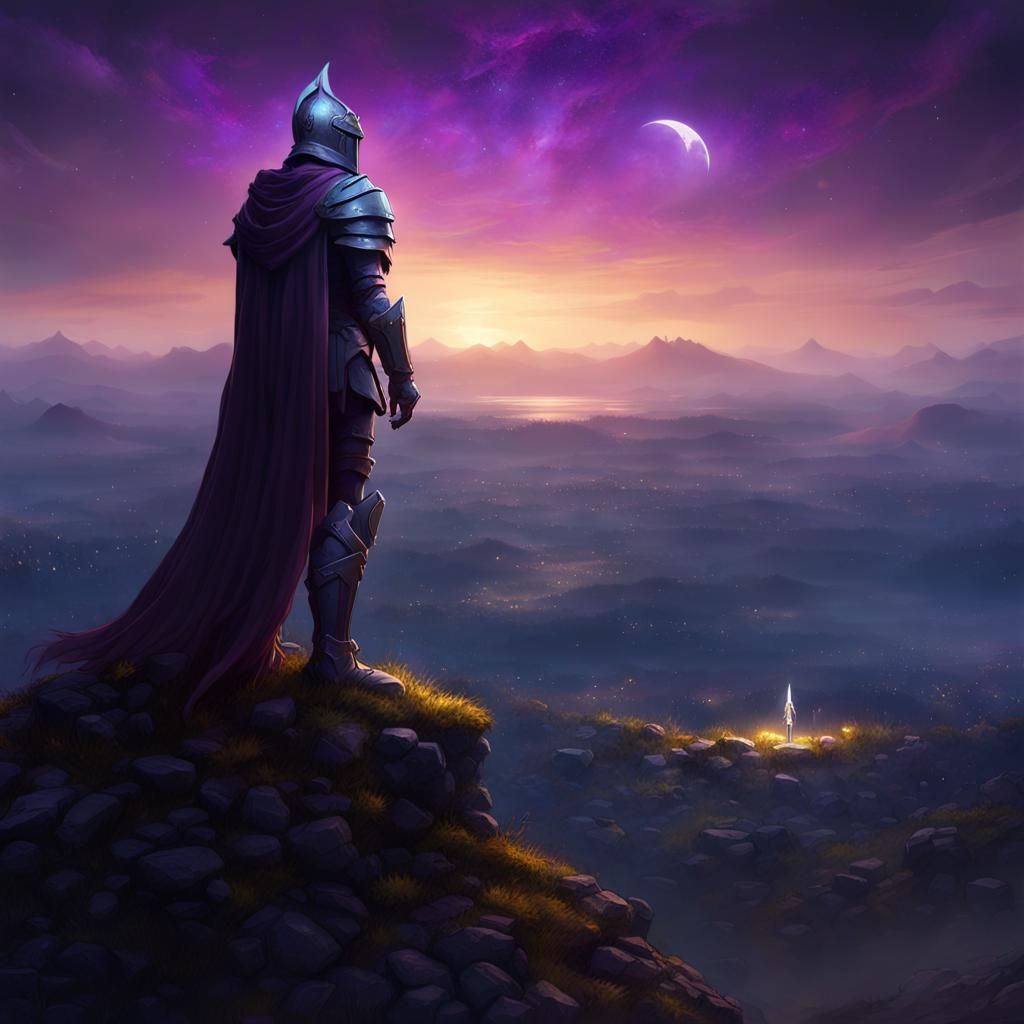 Knight Contemplating the Starry Night Sky in Dark Fantasy St...