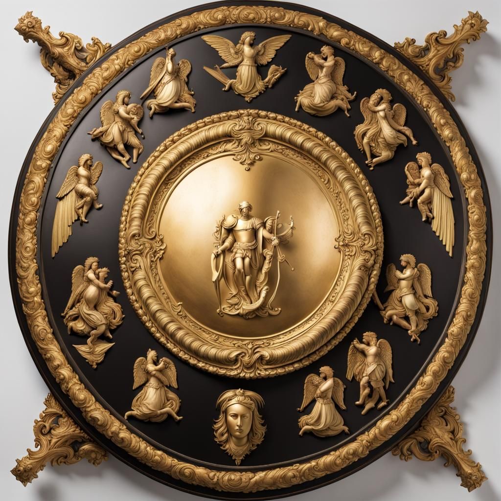 Shield in the shape of a Renaissance style shield, centrally decorated with epic cavalry combat surrounded by a frieze o...