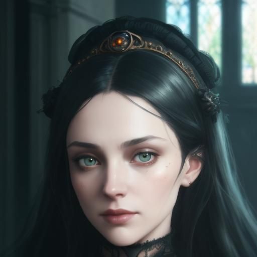 Gothic Victorian Queen with long black hair and green eyes& ...