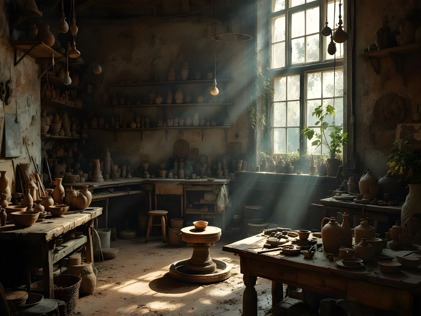 Rustic Artisan's Studio with Clay Sculptures