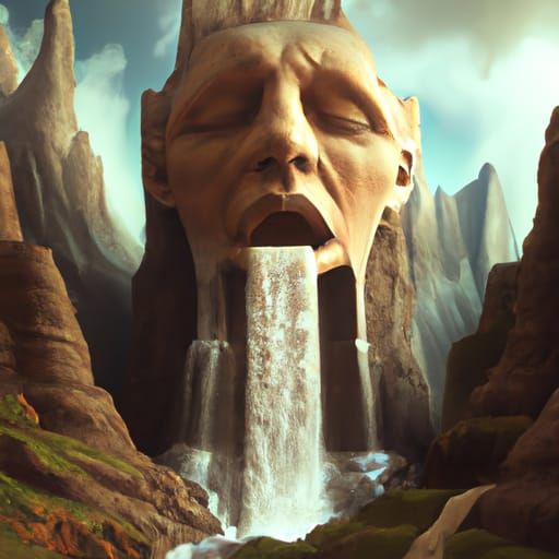 Surrealistic Rocky Landscape with Ancient Face and Waterfall