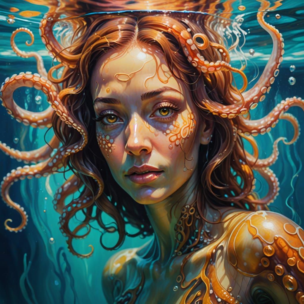 Seductive Octopus Woman in Impressionist Oil Painting