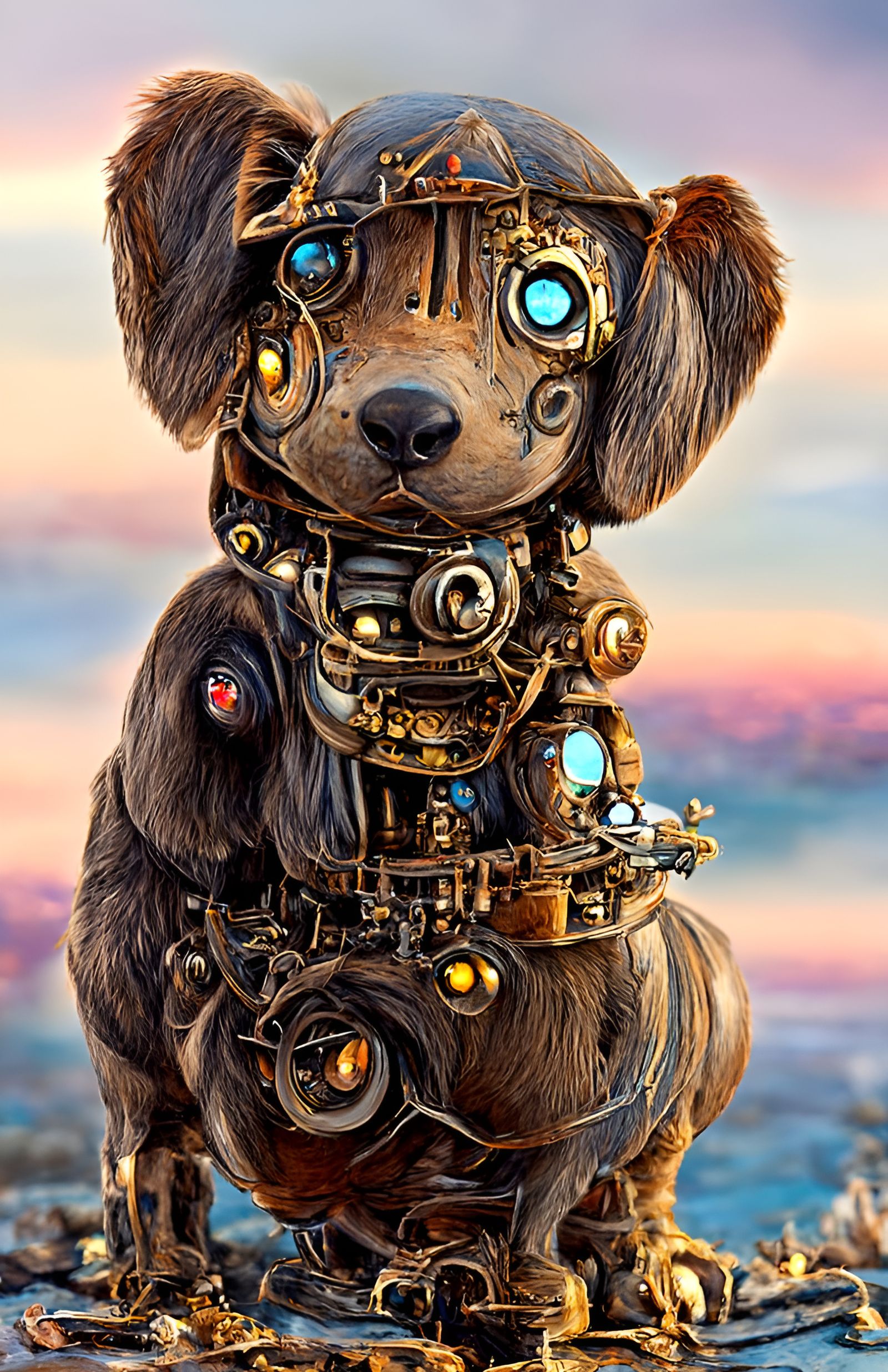 Ethereal Steampunk Robot Canine in Vibrant Digital Art