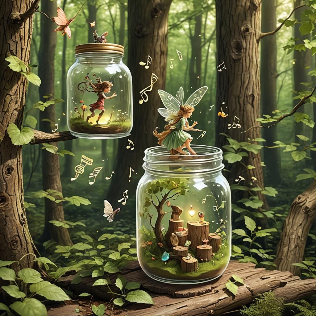 Enchanted Music Jar Scene in Whimsical Woodland