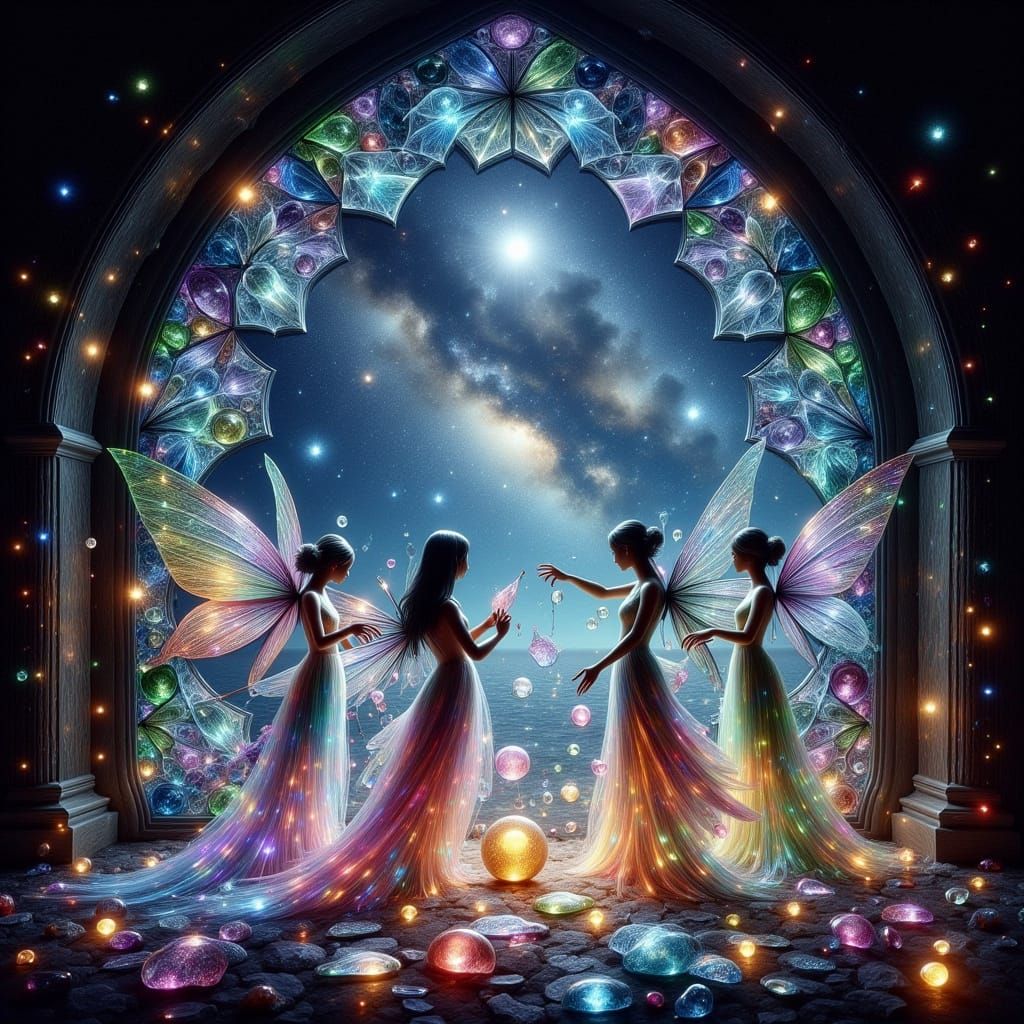 Surreal Stained Glass Window with Twinkling Stars and Enchan...