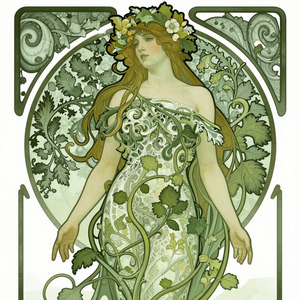 Art Nouveau Vegetal Woman in Vine Lace Dress