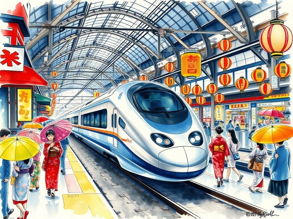 Sleek Bullet Train Disappears into Japanese Station