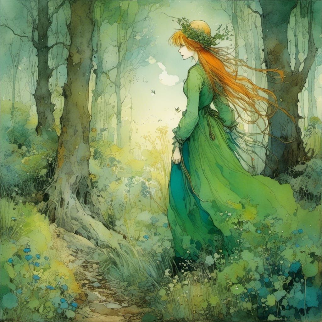 Woman in Lush Verdant Landscape