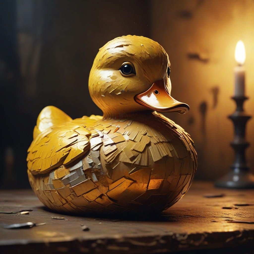 Eerie Rubber Duck Portrait in Distressed Oil Painting Style