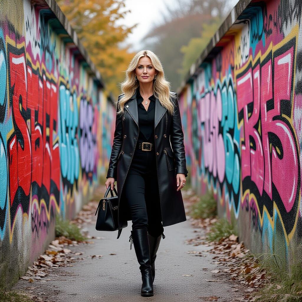 Lady in Leather Amidst Graffiti Art