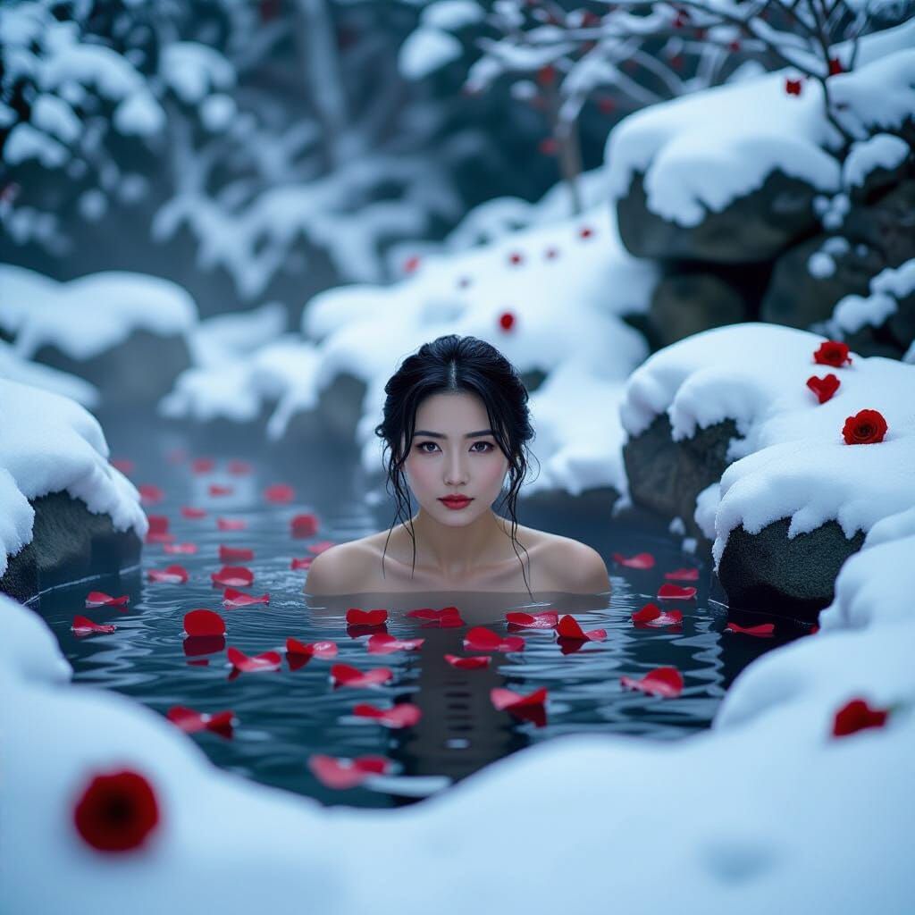 Woman Emerges from Snowy Hot Spring Amidst Red Roses