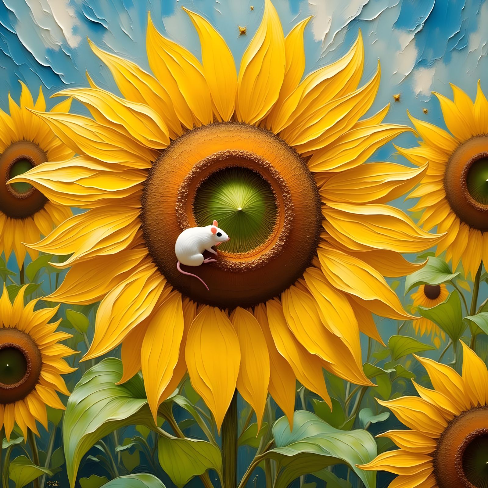 Vibrant Impasto Sunflower Scene with Mouse