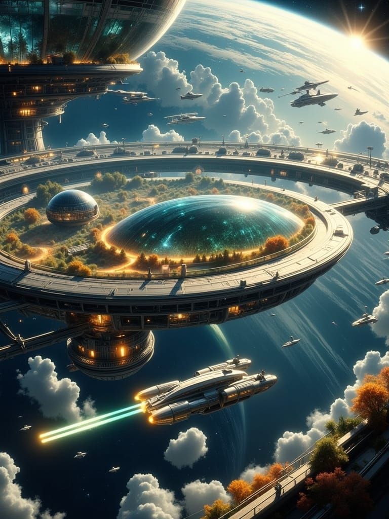 Epic Space Station in Orbit with Rotating Ring and Glass Hub