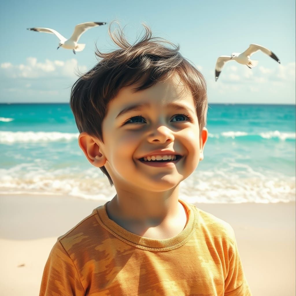 Joyful Boy Standing on Beachy Coastline as Hyper Realistic P...