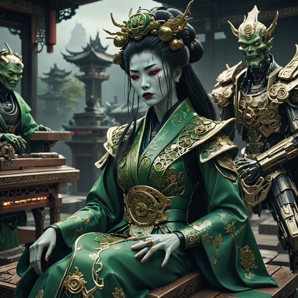 Cyberpunk Geisha in Futuristic Coffin Scene