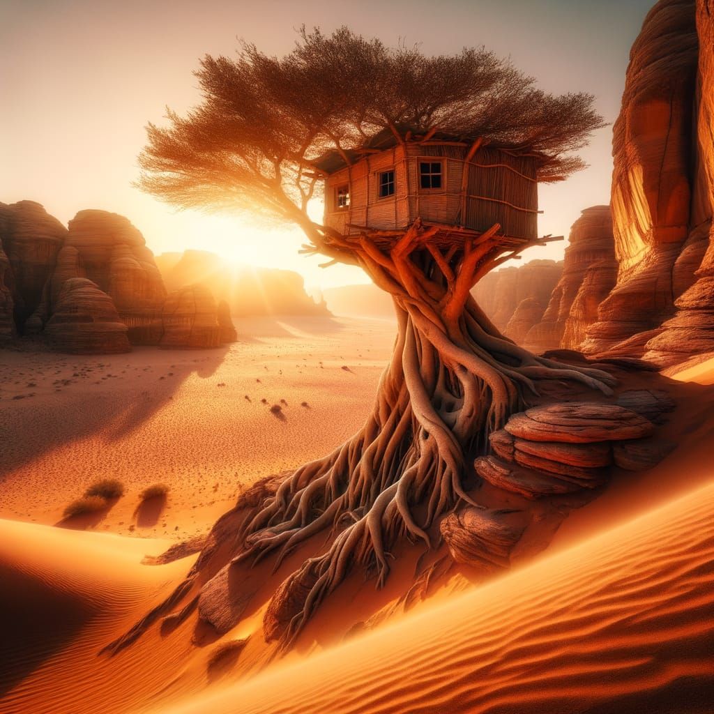 Ethereal Desert Treehouse in Sunset Glow
