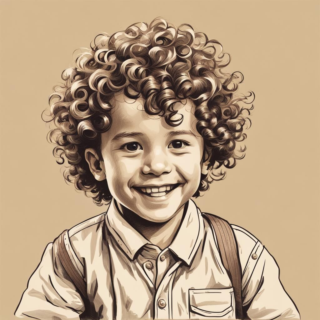 a tan child tolddler curly shor hair drawing a picture while...