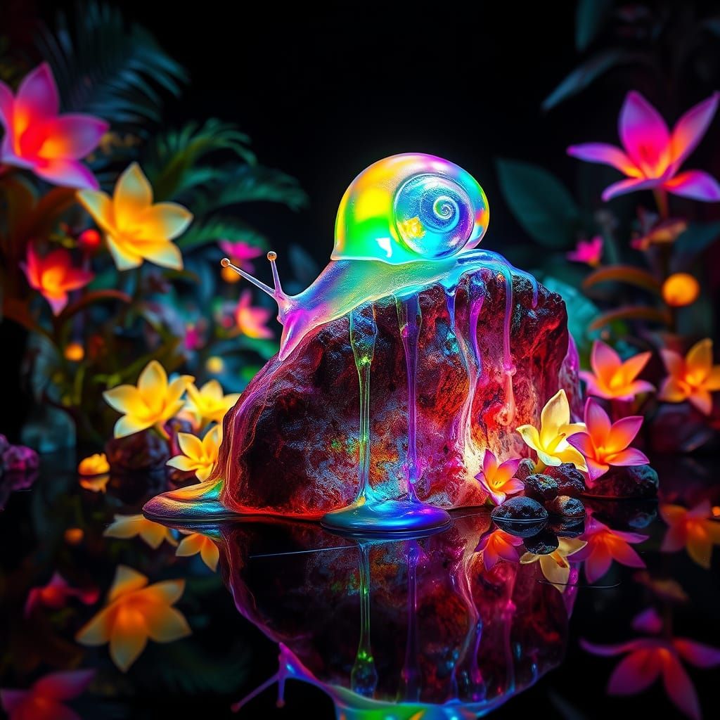 Glowing Glass Snail Ascends Iridescent Rock Formation