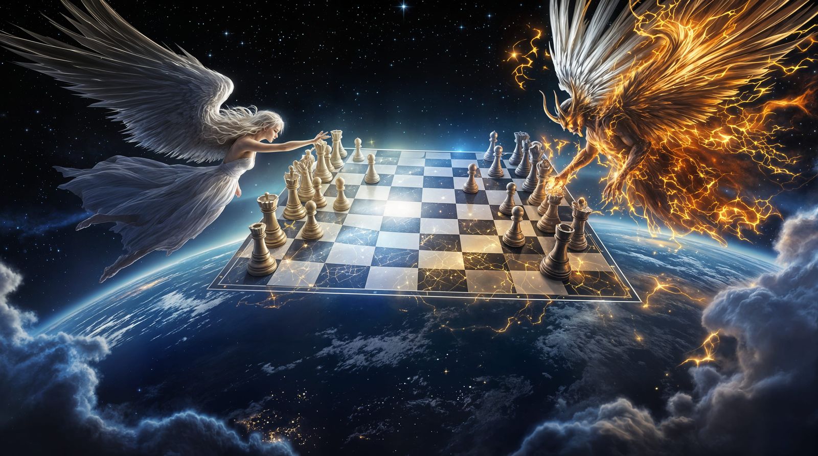 Celestial Chess Match Between Angelic and Demonic Forces