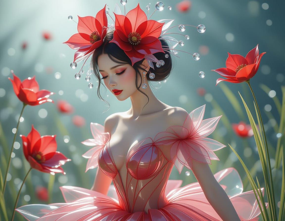 Opalescent Flower Woman: Dark Fantasy 3D Render