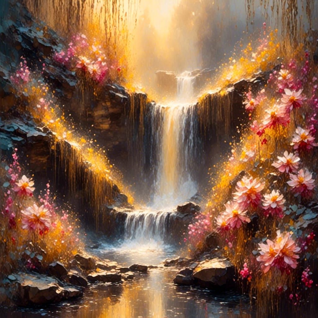 Vibrant Oil Painting of Flower Blooming Under Waterfall in I...