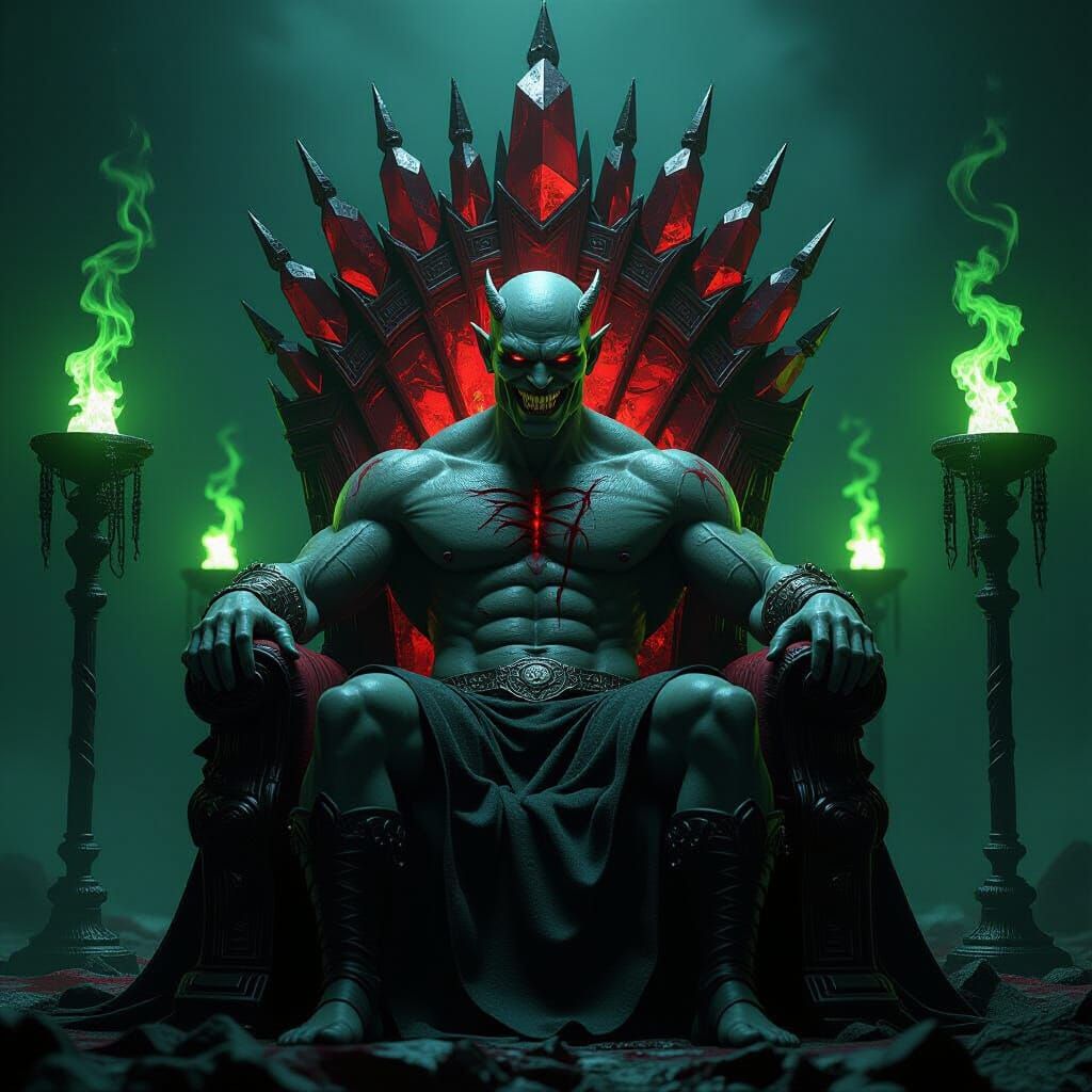 Demon King on Bloodstone Throne with Green Fire