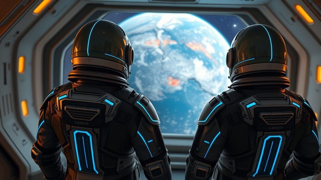 Futuristic Astronauts Contemplate a Ravaged Earth