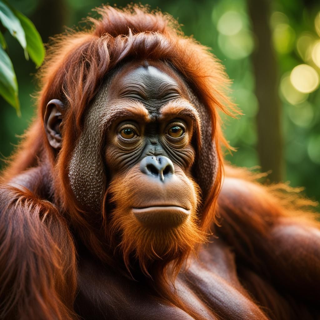 Vibrant Orangutan Portrait in Lush Green Forest