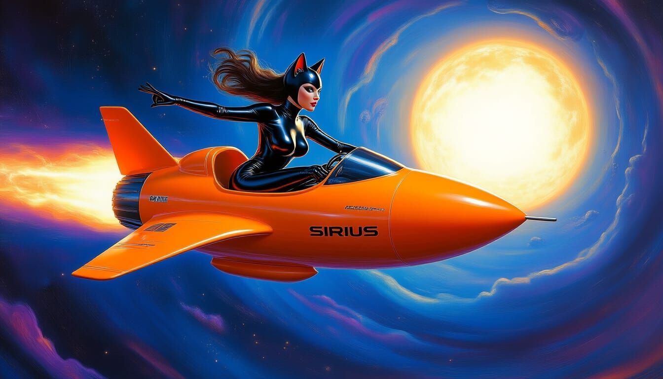 Woman in Cat Suit Flies Orange Rocket Duck Near Sirius Star