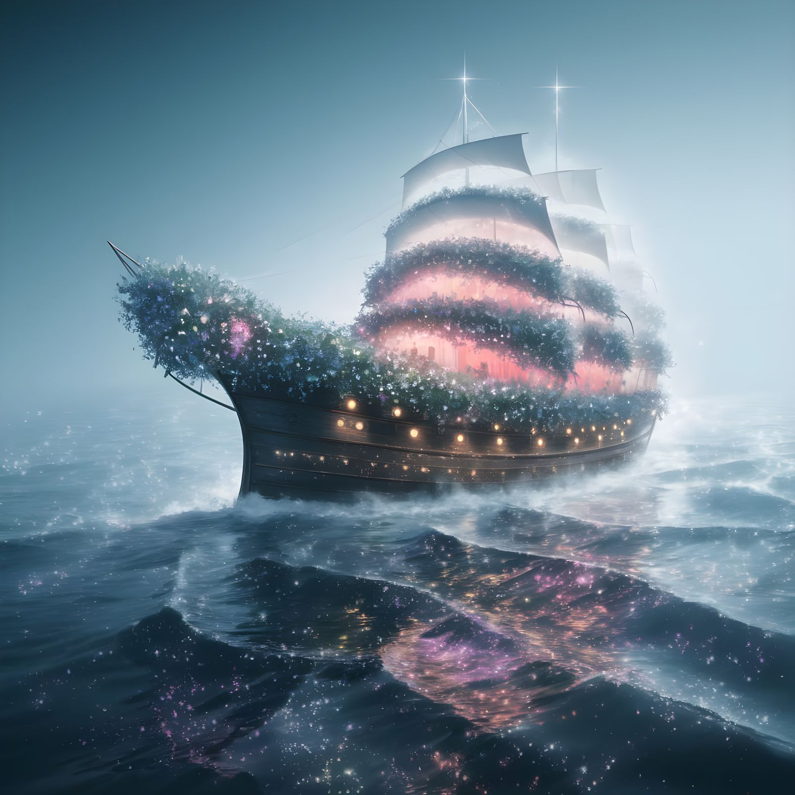 Ethereal Celestial Ship Drifts Through Sparkling Waters in D...