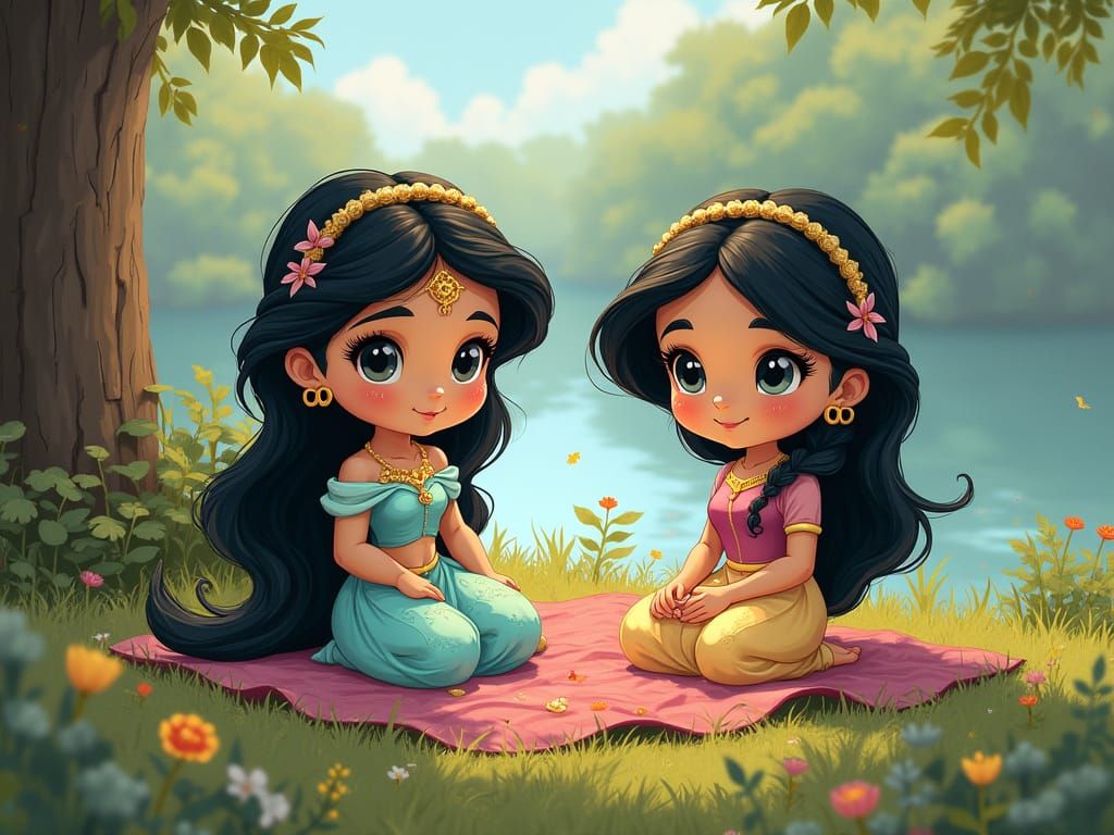 Chibi Princesses Enjoy Riverbank Picnic in Whimsical Fantasy...